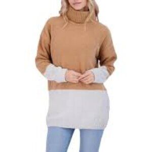 ✅ BCBG Maxazria Women's Brown Turtle-Neck Colorblocked Sweater Size LARGE